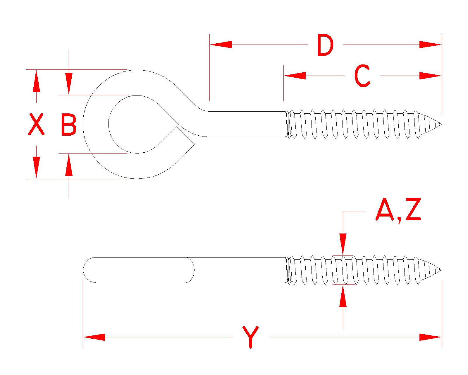 Stainless Steel Lag Eye Screw, S0327-0, Line Drawing Stainless Steel Lag Eye Screw, S0327-0, Line Drawing